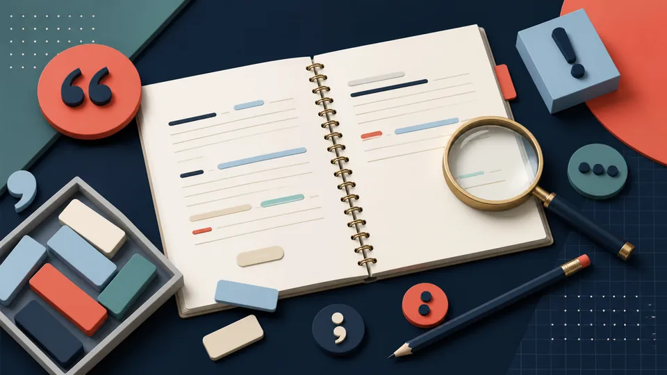 English sentences, grammar notes, and a proofreading checklist on a study desk